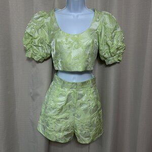Amanda Uprichard Ballad Top Jane Shorts Set Women's Sz XS Satin Cucumber Floral